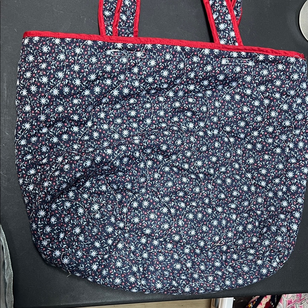 Navy Floral Quilted Tote Bag with Red Trim